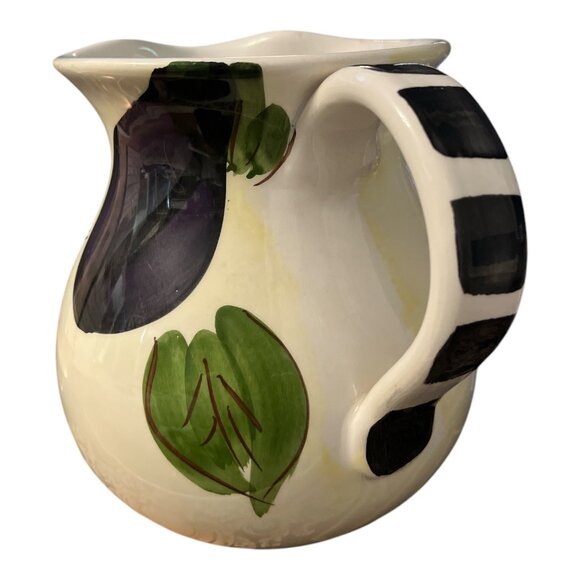Hand-Painted Antica Fornace Italy Ceramic Pitcher With Eggplant & Leaf Design - Picture 4 of 6